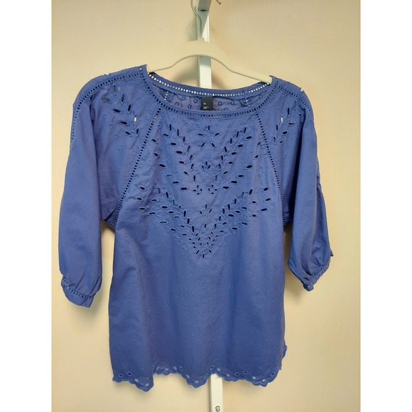 GAP Tops - Gap Womens Eyelet Embroidered Blouse Blue Cotton Puff Sleeve Top XS Preppy